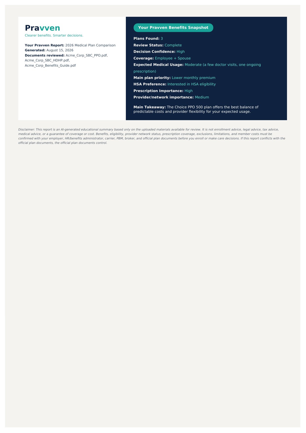 Plan comparison report, page 1: snapshot showing plans found, review status, decision confidence and main takeaway.