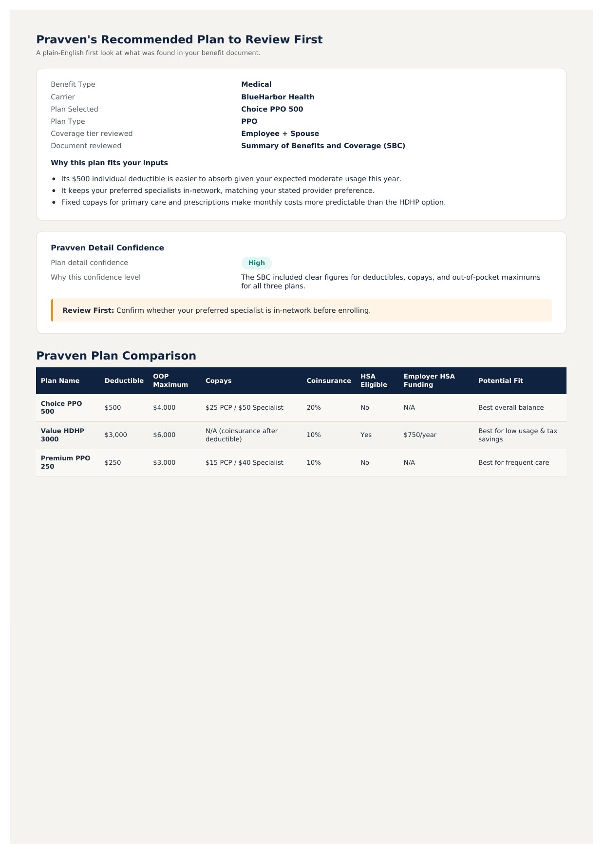 Plan comparison report, page 2: the plan suggested to review first, and a table comparing deductible, out-of-pocket maximum, copays, coinsurance and HSA eligibility across three plans.